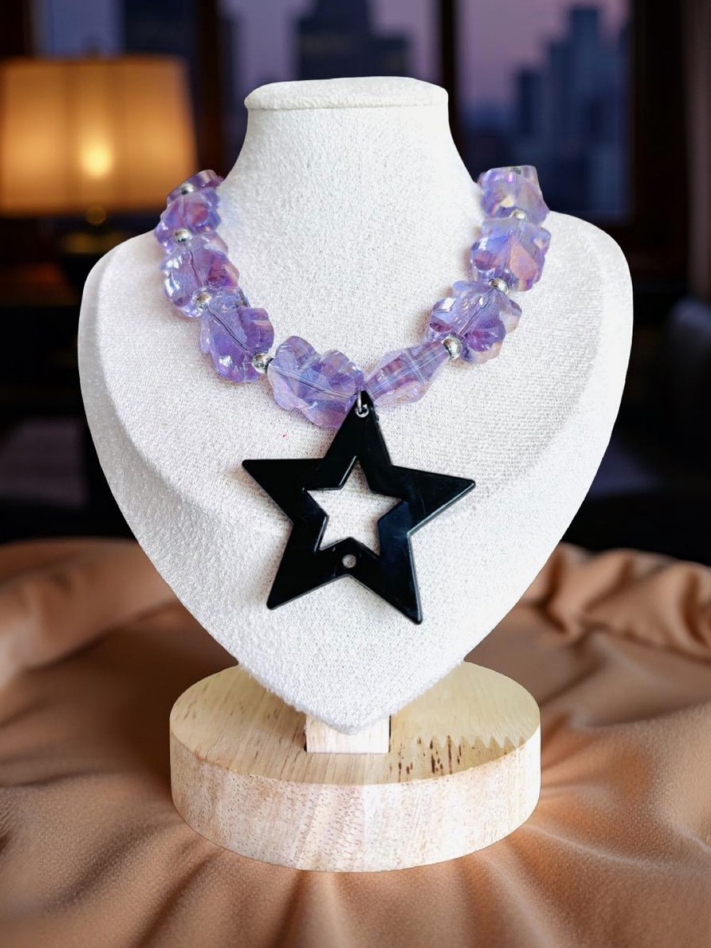 One of a kind Lavender Beaded Necklace with Black Star Pendant - Women Jewelry - Picture 1 of 6